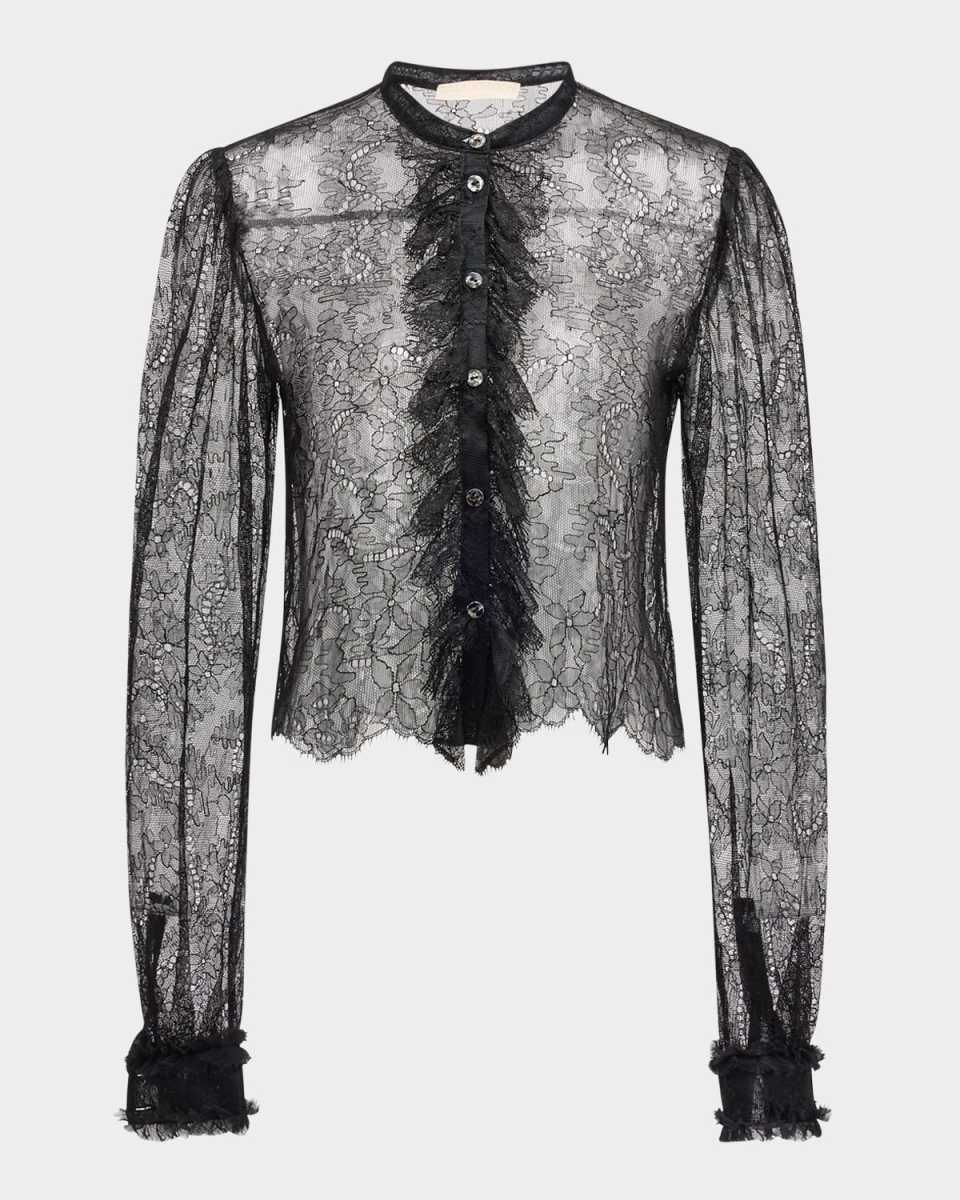 Cecile Ruffle-Trim Floral Lace Blouse